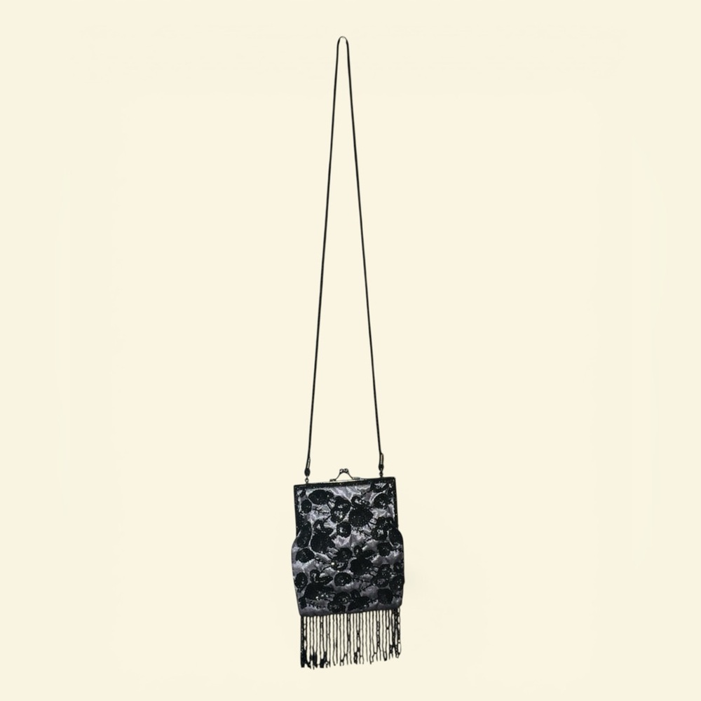 Lancome Black Floral Beaded Fringe Crossbody